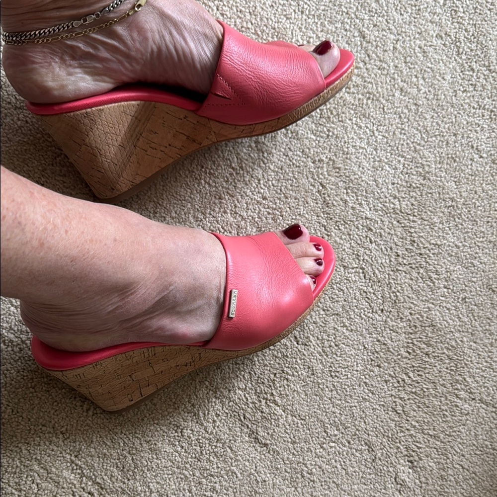 Calvin Klein Coral Pink Leather Cork Wedge Slide Sandals